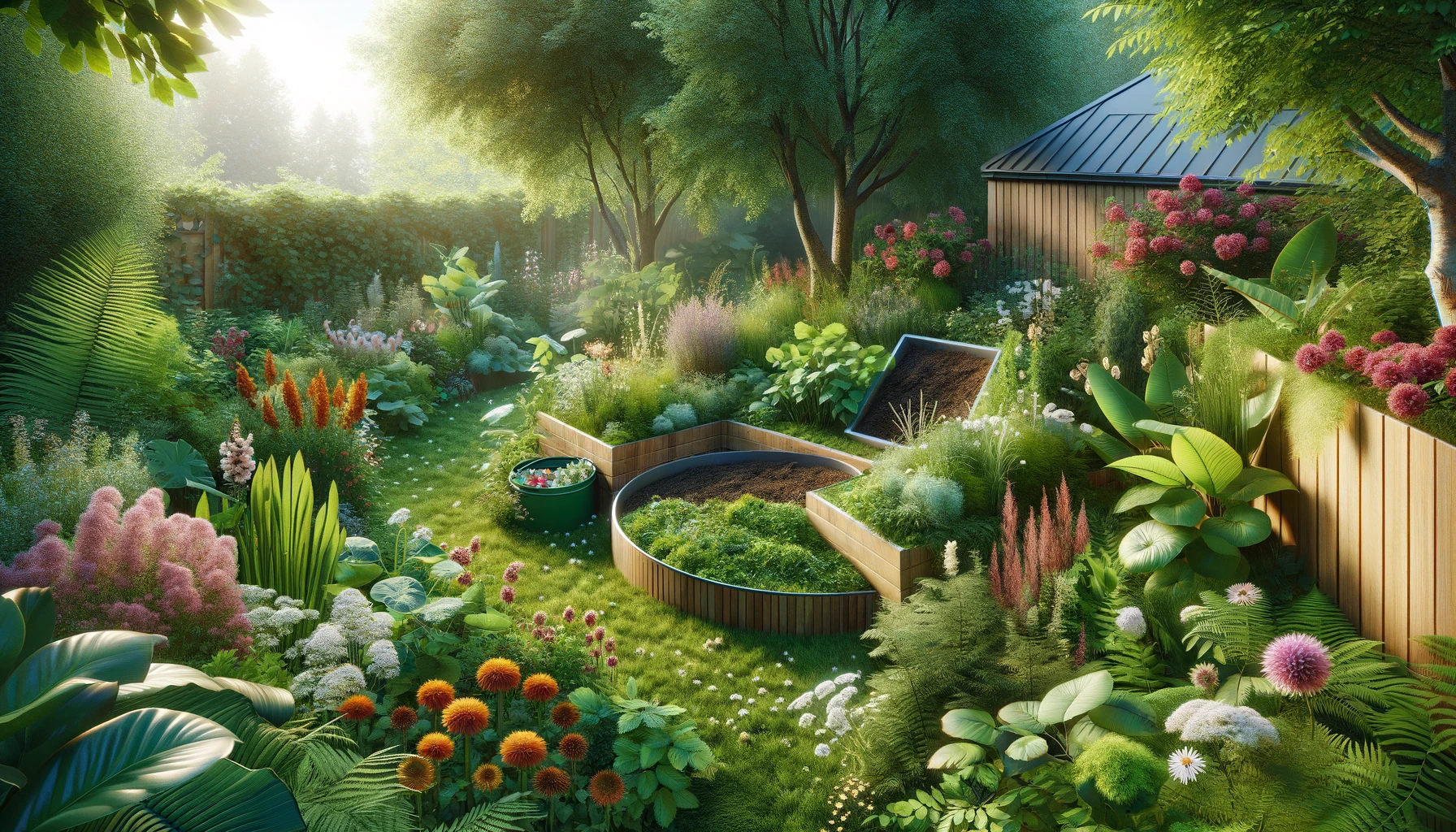 a lush, eco-friendly garden featuring diverse plant species including native flowers and shrubs.