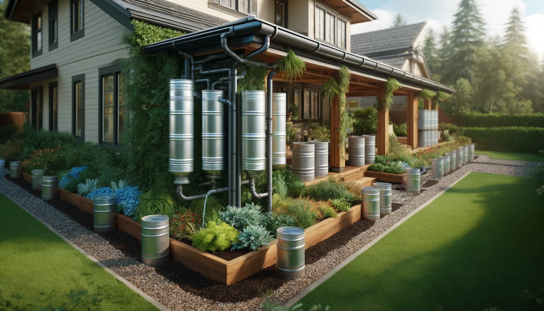 a garden equipped with a rainwater harvesting system, featuring rain barrels connected to gutter downspouts.