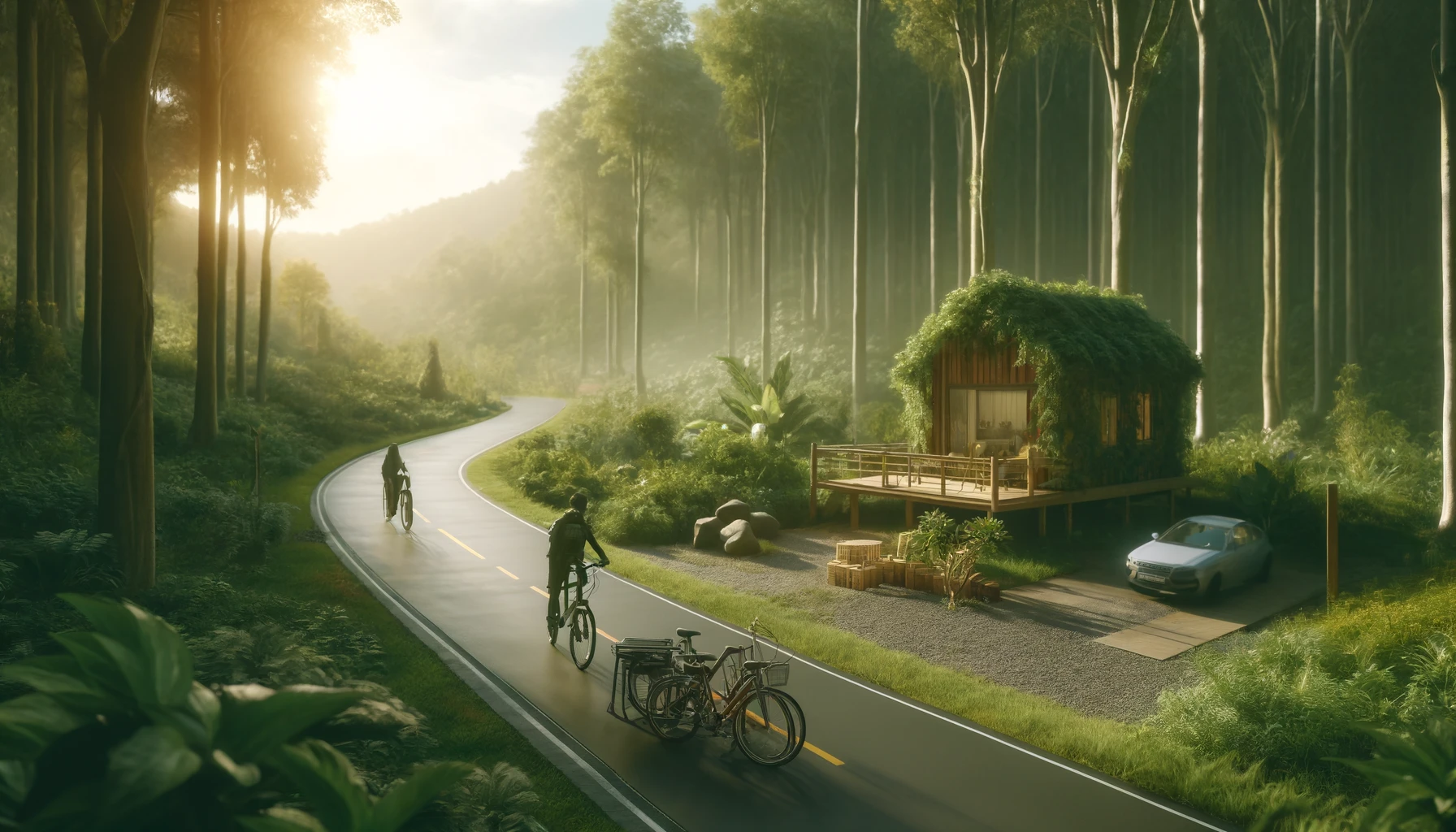 sustainable travel featuring a serene landscape with eco-friendly transportation options.