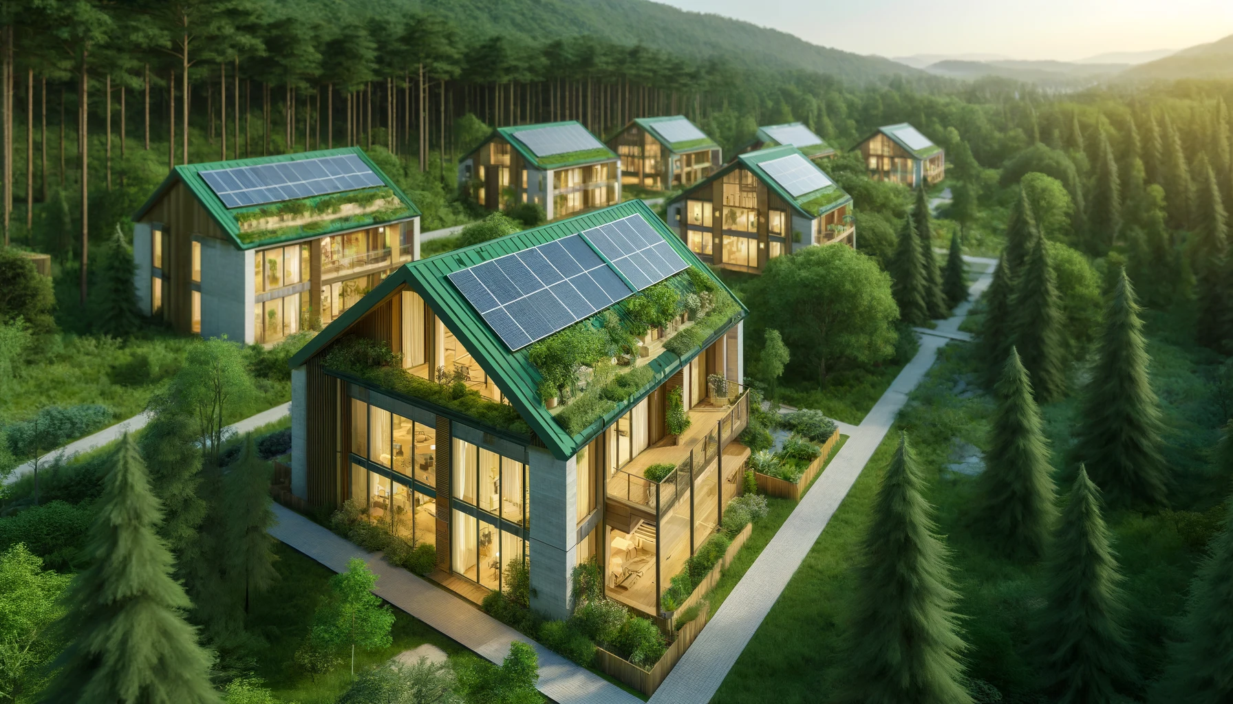 eco-friendly resort set in a natural landscape with lush greenery, featuring sustainable architecture.