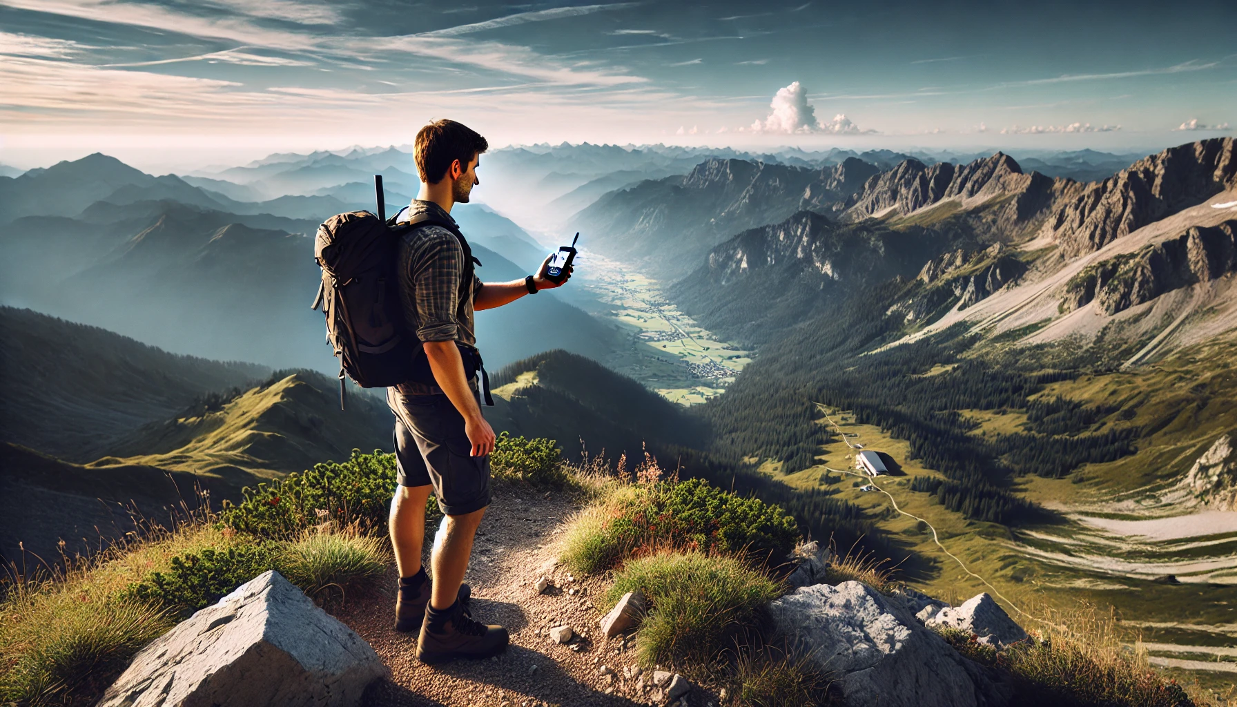 A hiker is standing on a scenic mountain trail and looking at a GPS device. The background includes stunning views of mountains, valleys, and a clear blue sky.