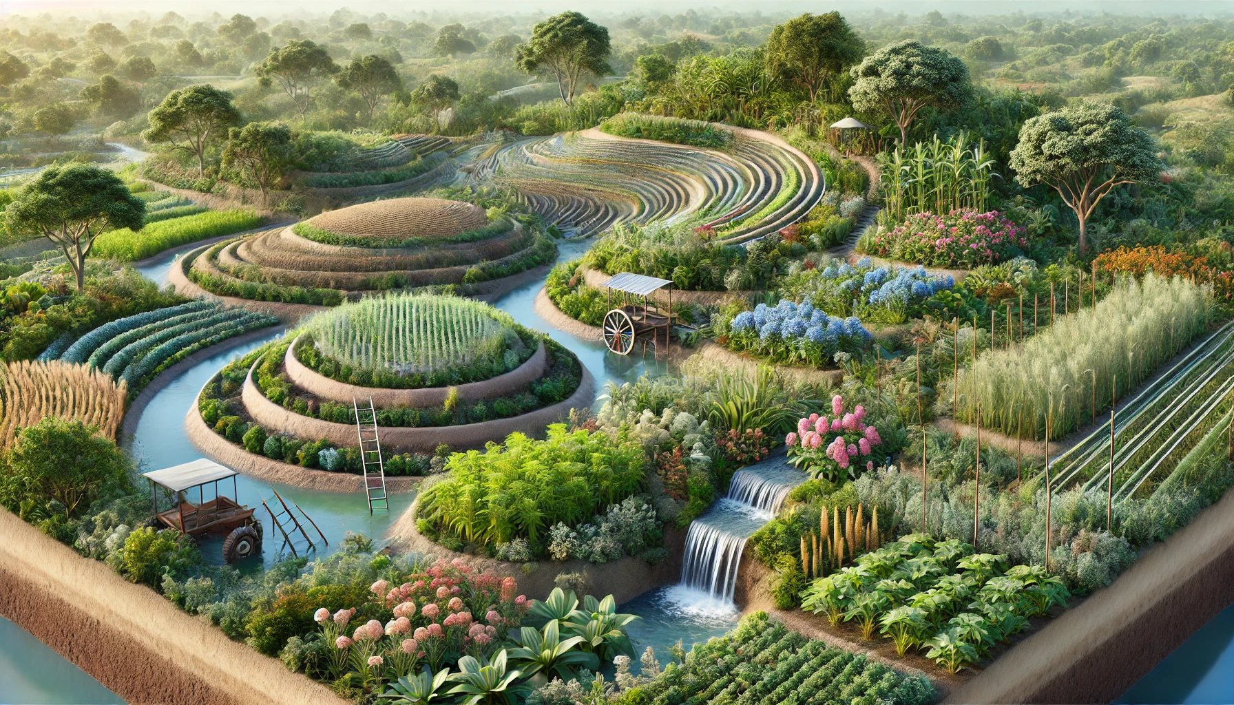 a landscape where water conservation practices have led to thriving plant diversity. The image should include features like contour plowing, terraced fields, or rainwater harvesting systems, demonstrating how these methods protect soil and promote lush, diverse vegetation.