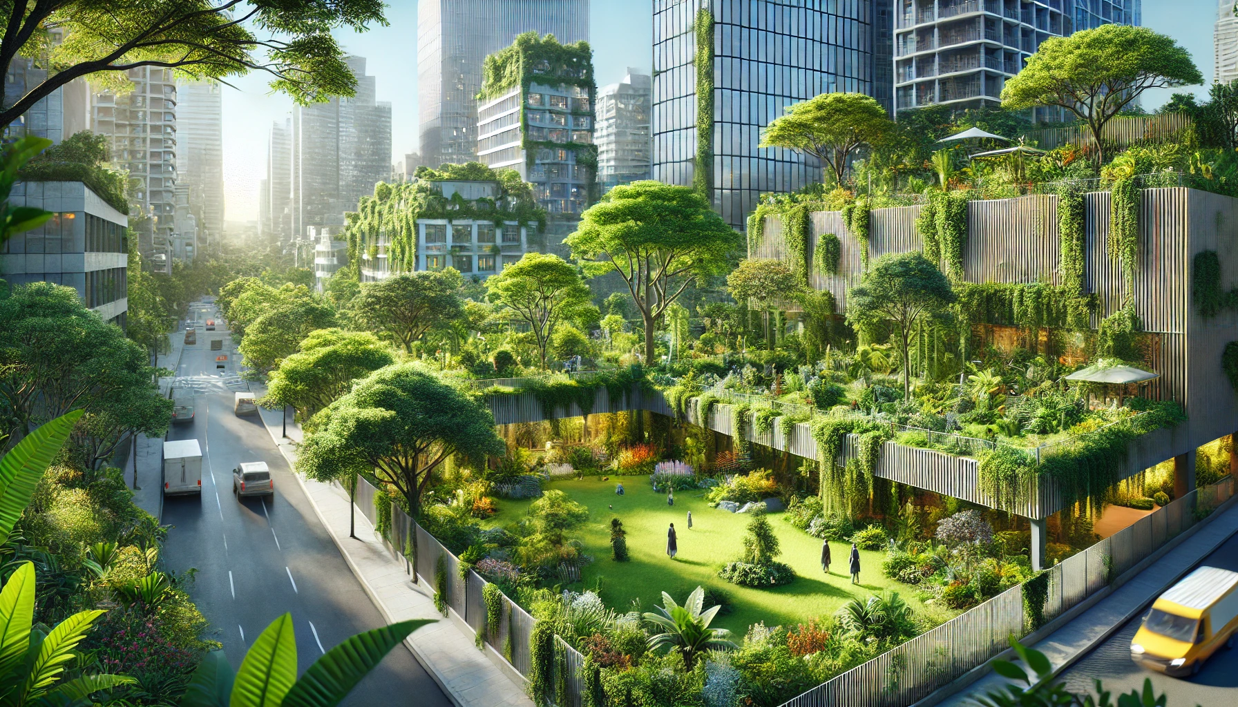 a lush urban green space with diverse plant life, including trees, shrubs, and flowers. The green space is integrated into a cityscape, with buildings featuring green roofs and walls covered in plants.