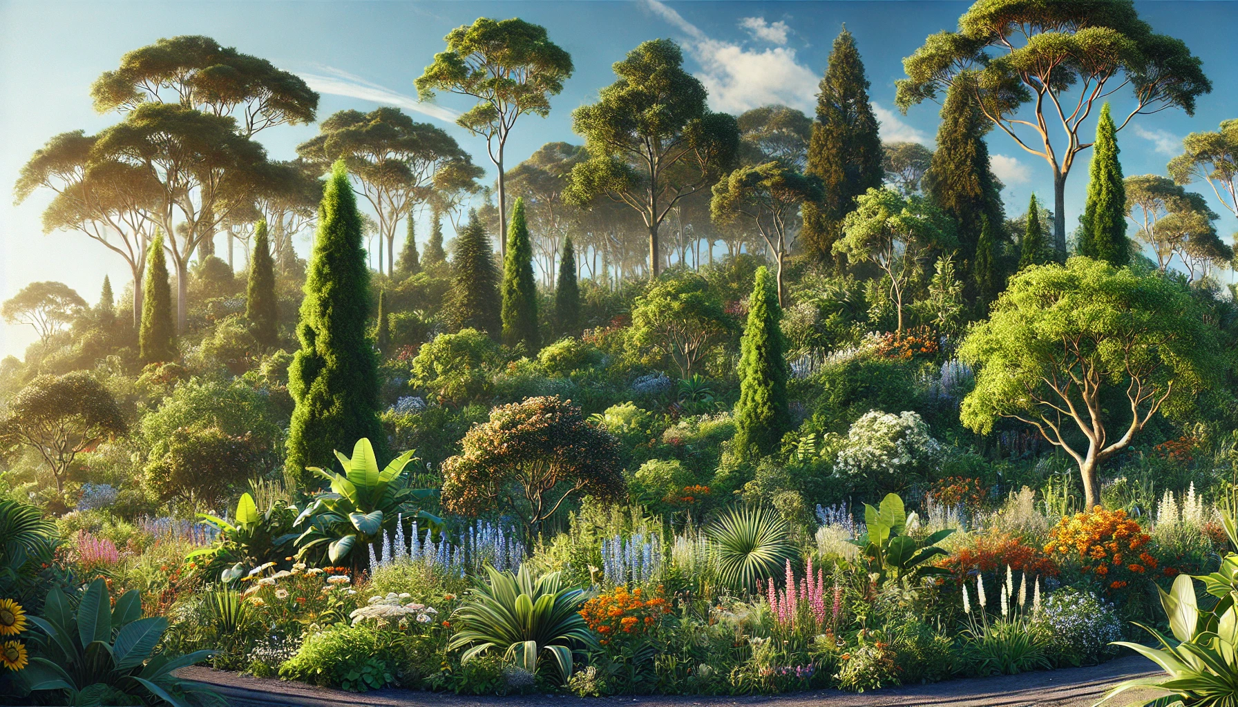 a thriving natural ecosystem with diverse plant species, including various trees, shrubs, and flowers. The scene includes a clear blue sky, clean air, and abundant greenery, emphasizing the positive impact of sustainable practices like renewable energy and waste management.