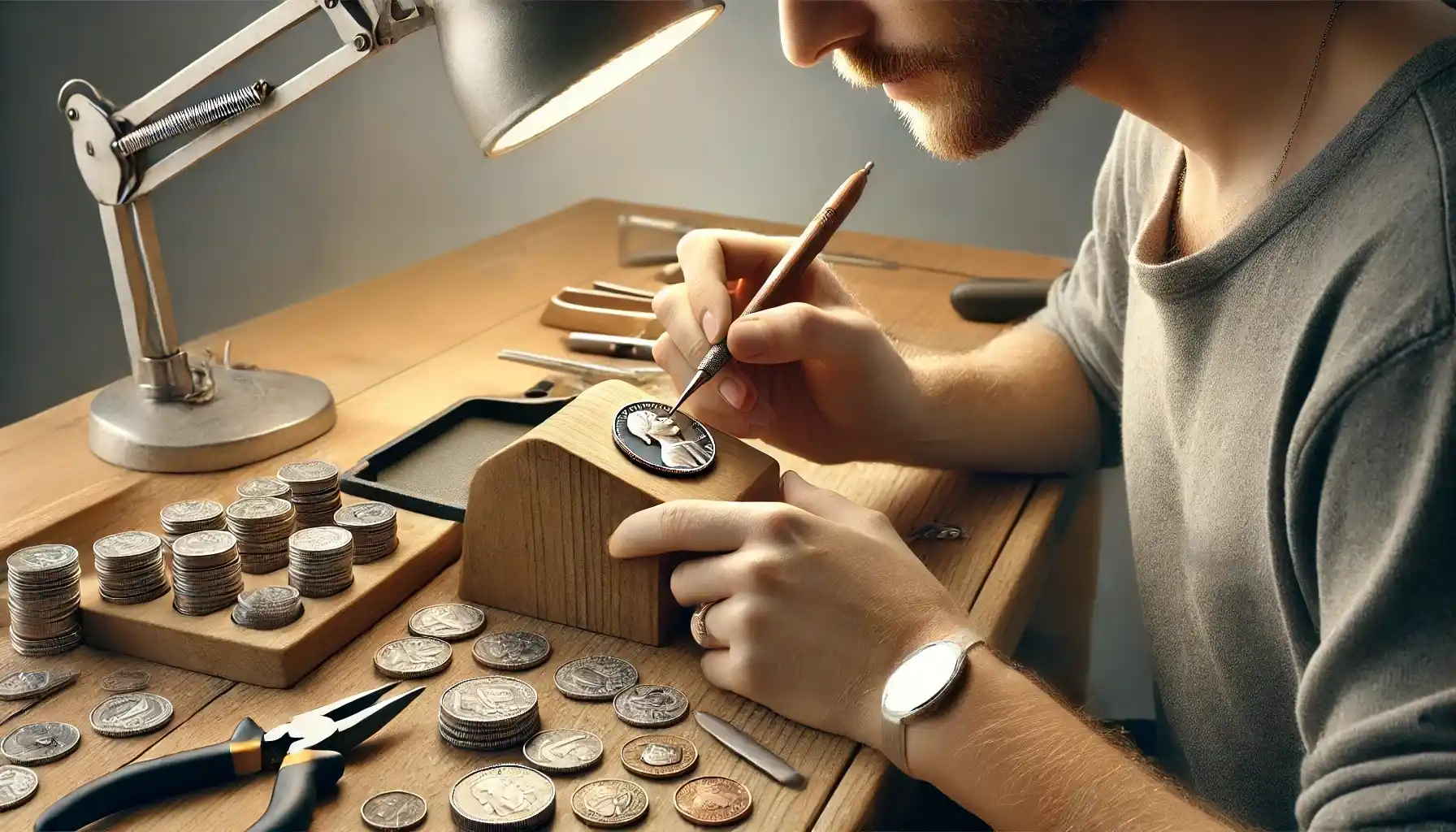  A coin collector working on transforming old coins into accessories. 
