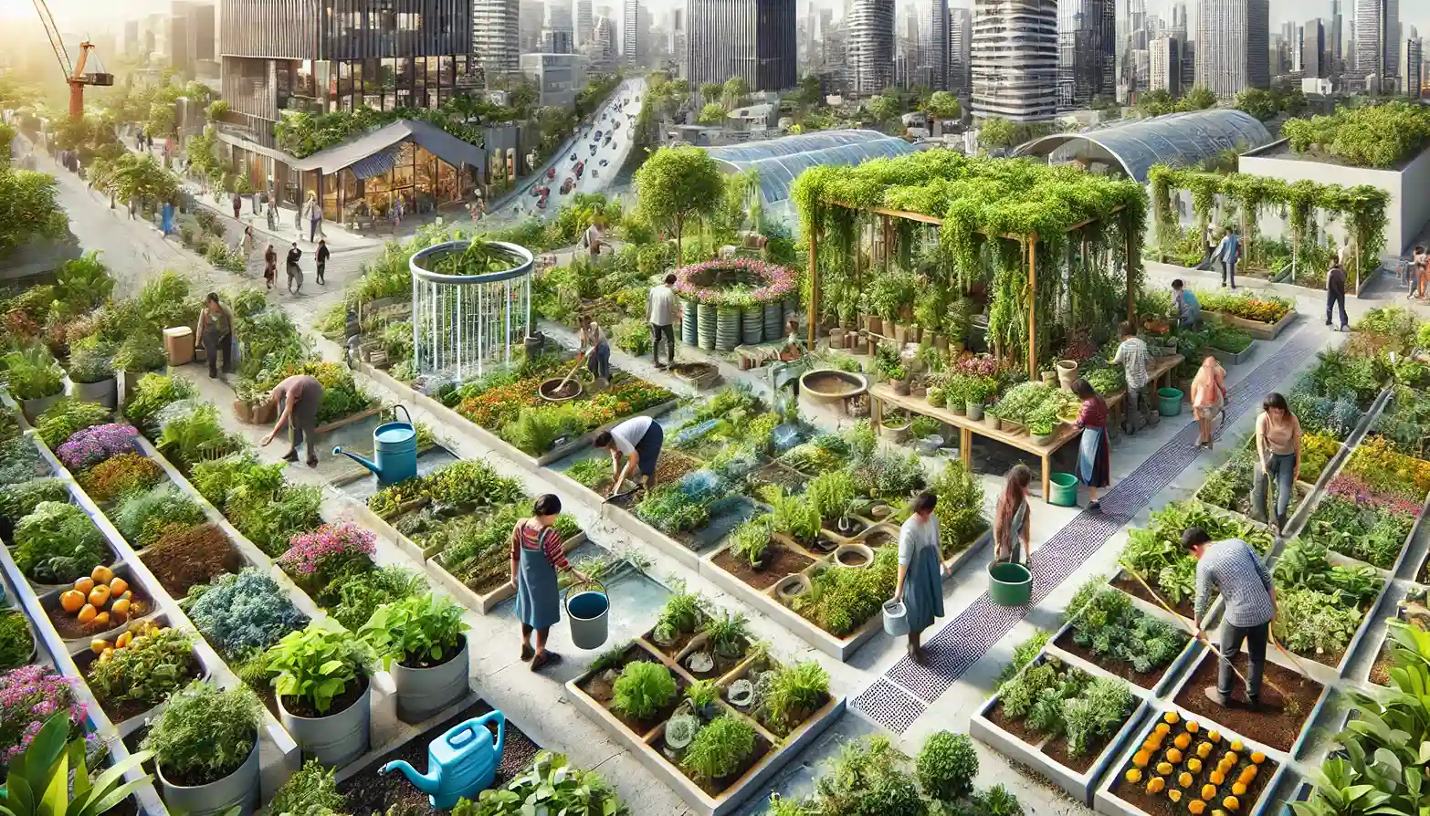 A sustainable urban garden, showcasing a variety of lush plants with community members actively participating in gardening. The garden features a rainwater harvesting system and permeable walkways, highlighting sustainable water management practices in an urban setting.