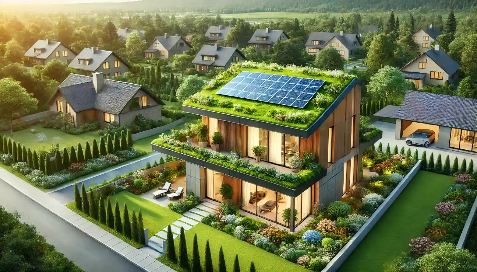 A modern eco-friendly home with a green roof and solar panels, surrounded by a beautifully landscaped garden. The home is designed with large windows and constructed with sustainable materials, emphasizing the integration of renewable energy and eco-conscious building practices.