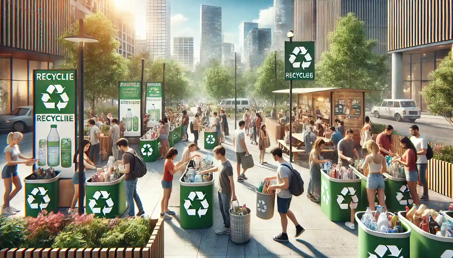 A vibrant community recycling initiative set in an urban area, showing people of various ages and backgrounds actively sorting recyclables into designated bins. This scene captures the spirit of community involvement in recycling efforts.