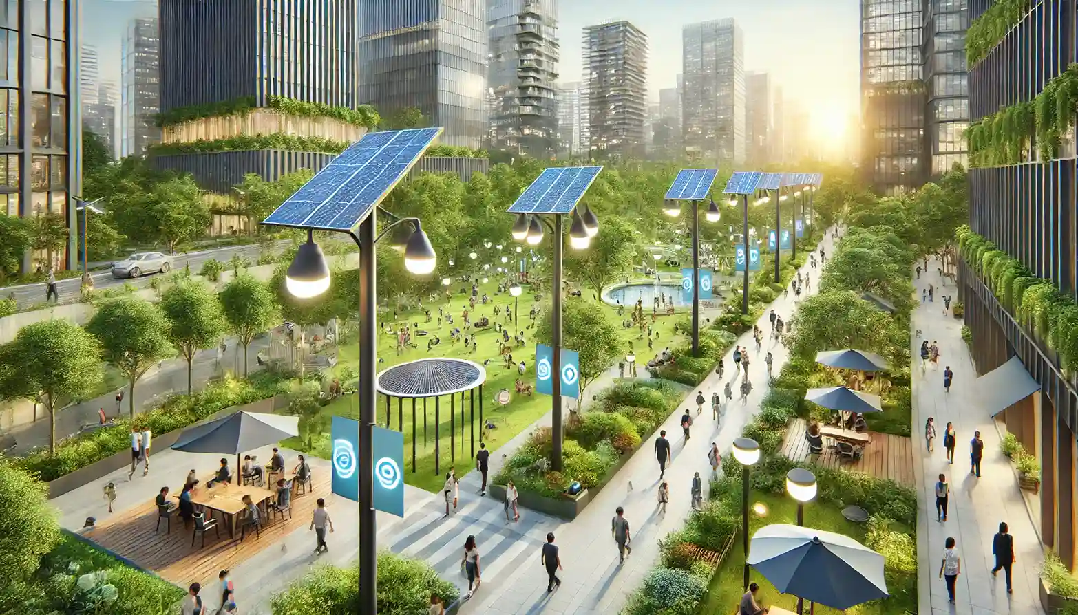 An eco-friendly urban park, bustling with activity and featuring modern solar-powered street lamps, rainwater collection systems, and lush greenery. This park is a perfect example of how urban spaces can integrate sustainable technology and design to enhance environmental quality and community life.