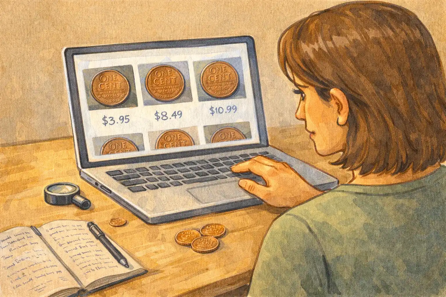A woman observes prices on Lincoln wheat cents.