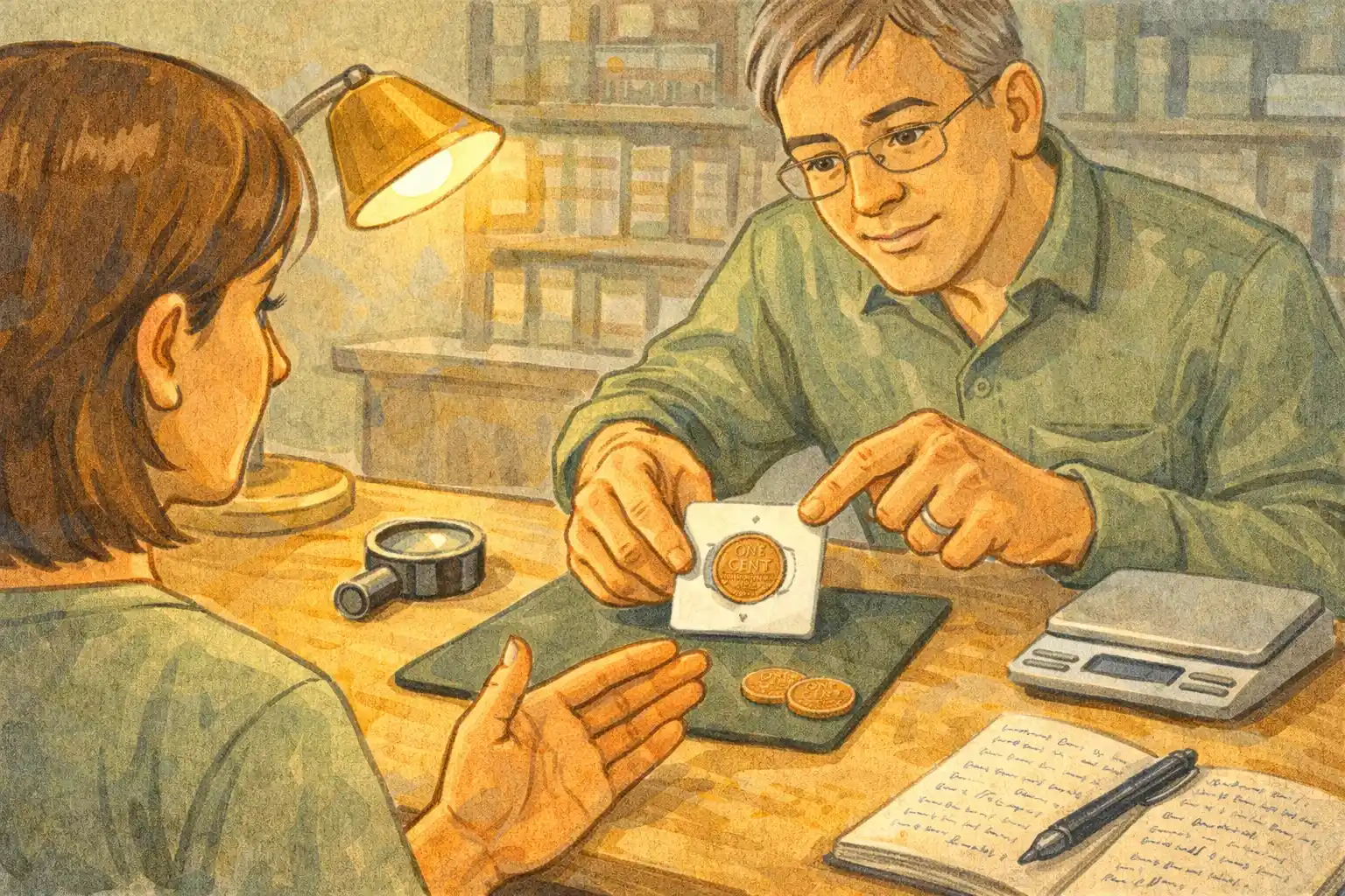A buyer discusses valuable Lincoln wheat cents with a seller in a coin shop.