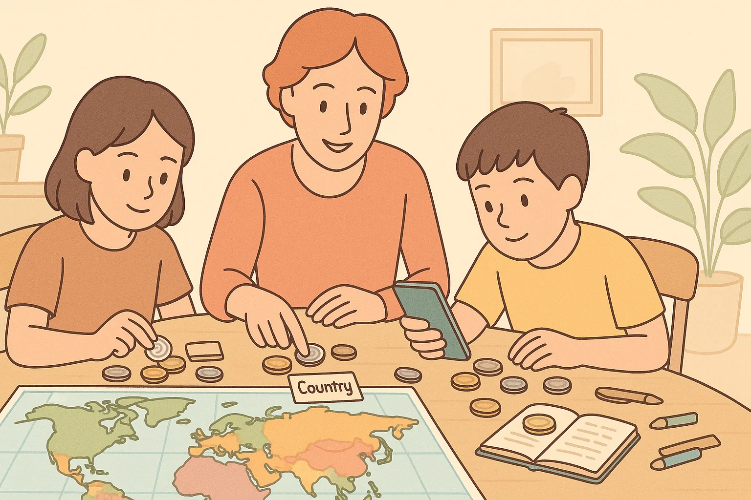 A parent helps children to study and sort coins via digital apps and a physical world map.